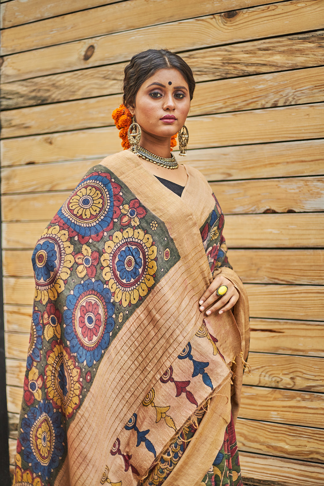 Pen Kalamkari Sari All Over Floral - Tussar Silk-015