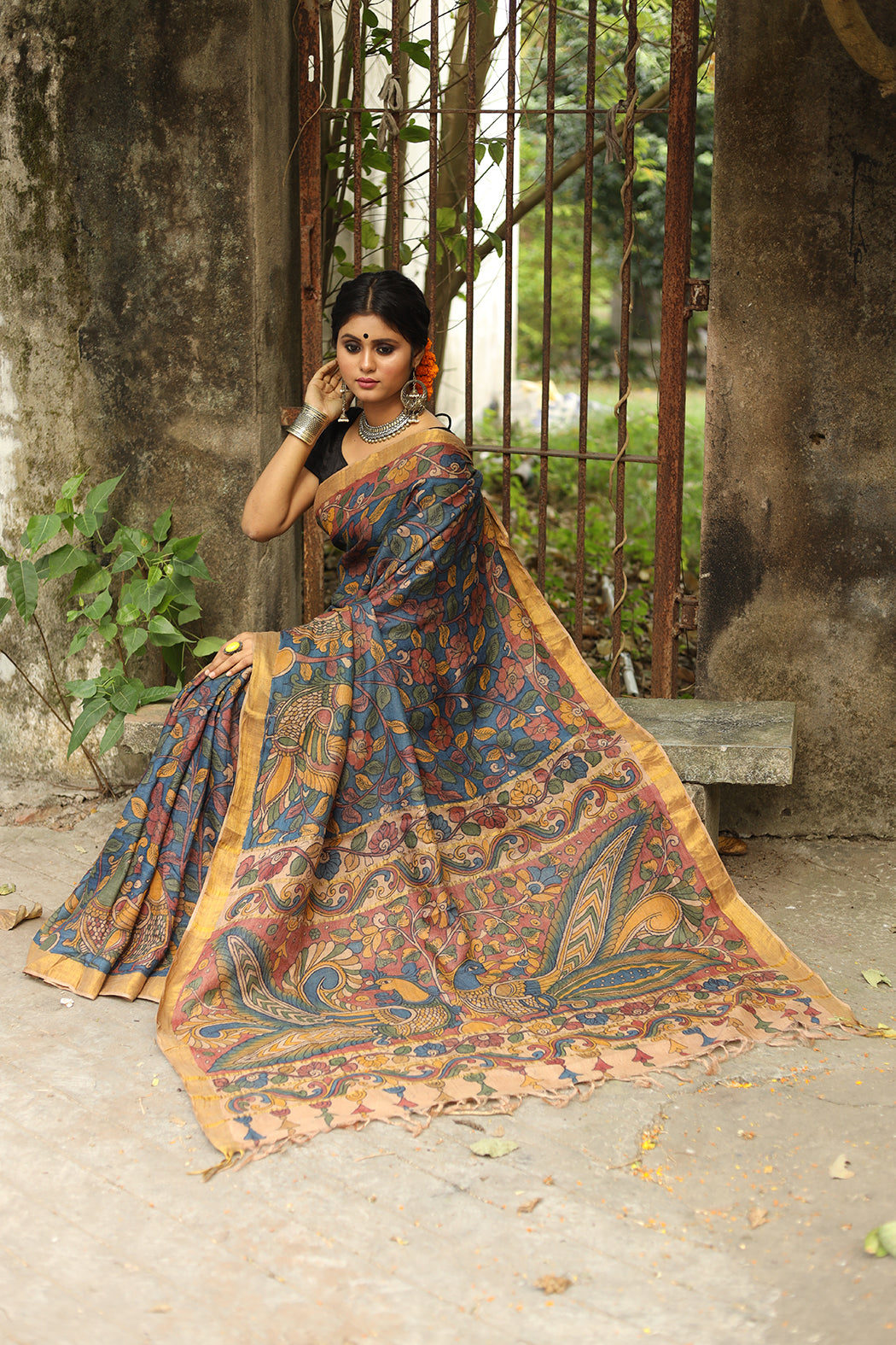 Pen Kalamkari Sari All Over Floral and Peakcocks on Pallu-009