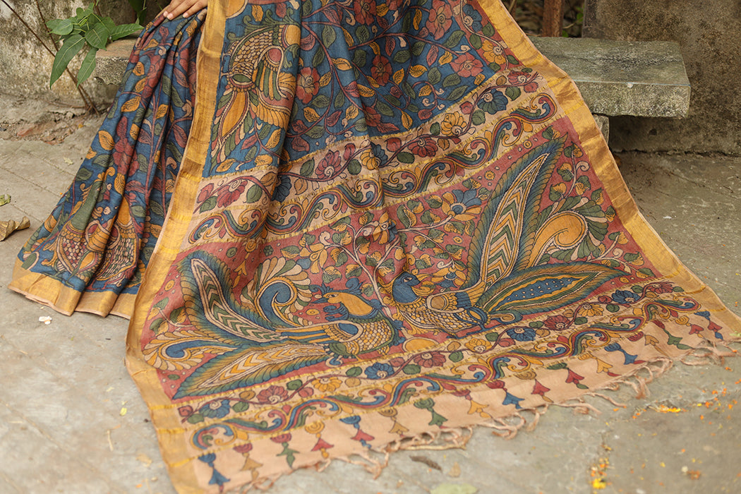 Pen Kalamkari Sari All Over Floral and Peakcocks on Pallu-009