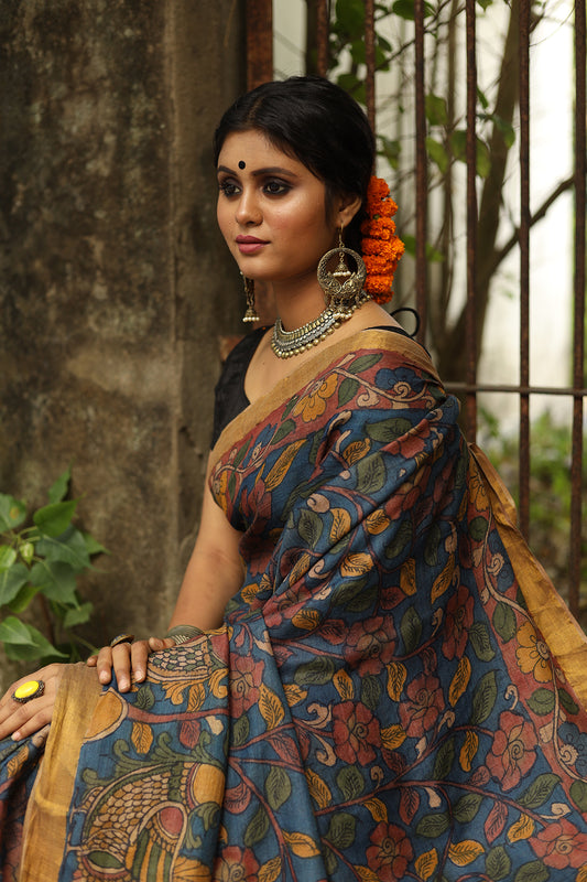 Pen Kalamkari Sari All Over Floral and Peakcocks on Pallu