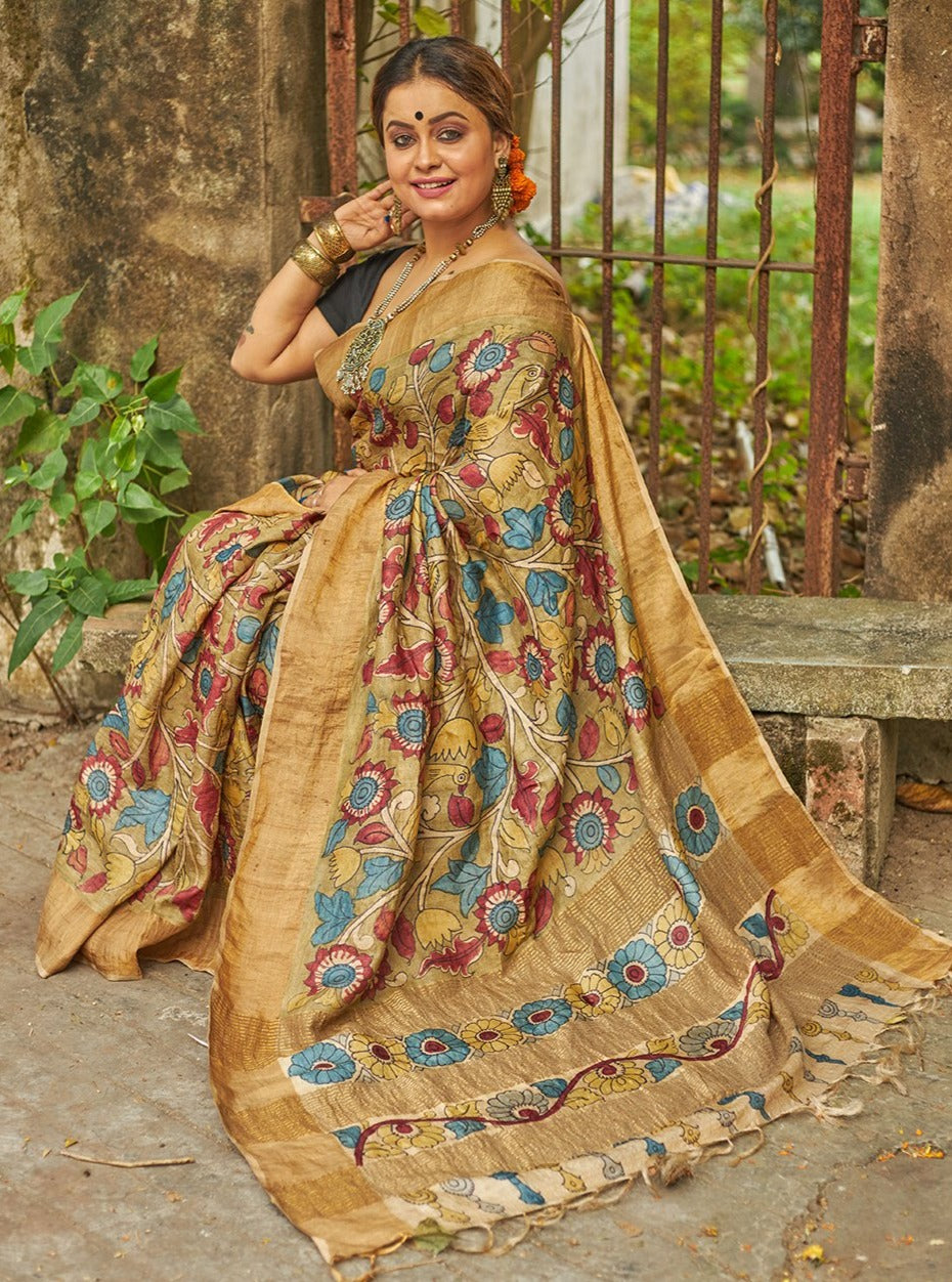 Exclusive  Pen Kalamkari Sari in Molten Gold All Over Floral in Tussar Silk-005