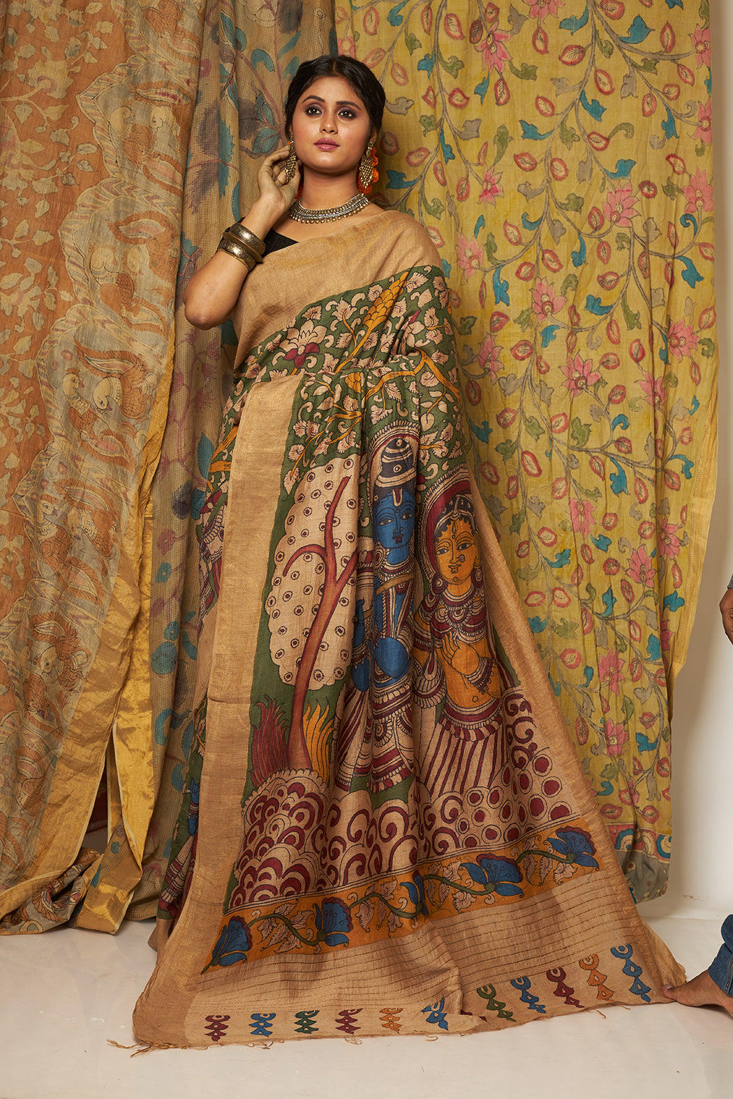 Pen Kalamkari Saree Exclusive Radha and Lord Srikrishna Design on Tussar Silk-011