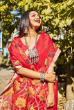 Ruby Red & Floral Muslin Silk Muslin Silk Jamdani Saree(Pre-Order)-032