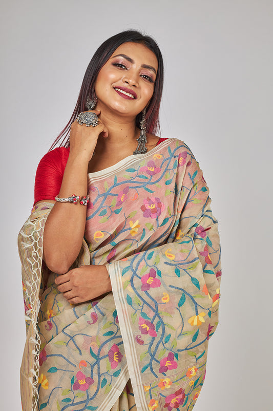 Multicolor Tulip Floral Garden Silk Jamdani Saree-022