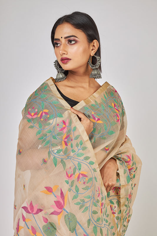 Cream Lotus Garden & Leafs Silk Jamdani Saree-021