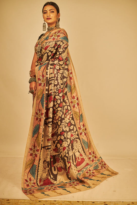 Exclusive World Renowned Ajanta Paintings All Over Florals On Mulberry Silk Pen Kalamkari Sari