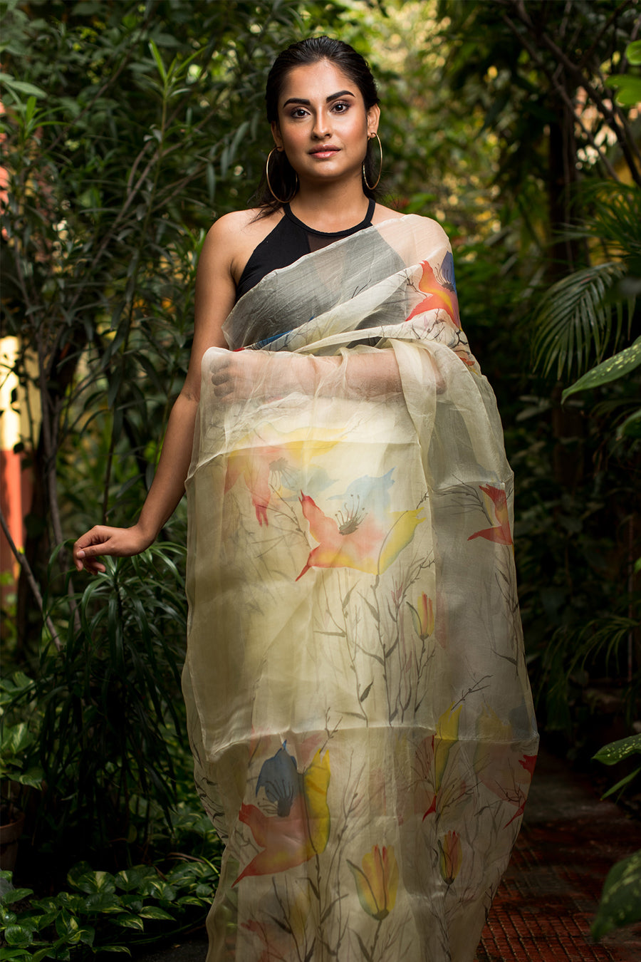 Strelitzia-Birds of Paradise Multicolored-Organza Hand-painted Sari-068