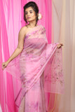 Mauve Pink Floral Gardens Organza Hand-painted Saree