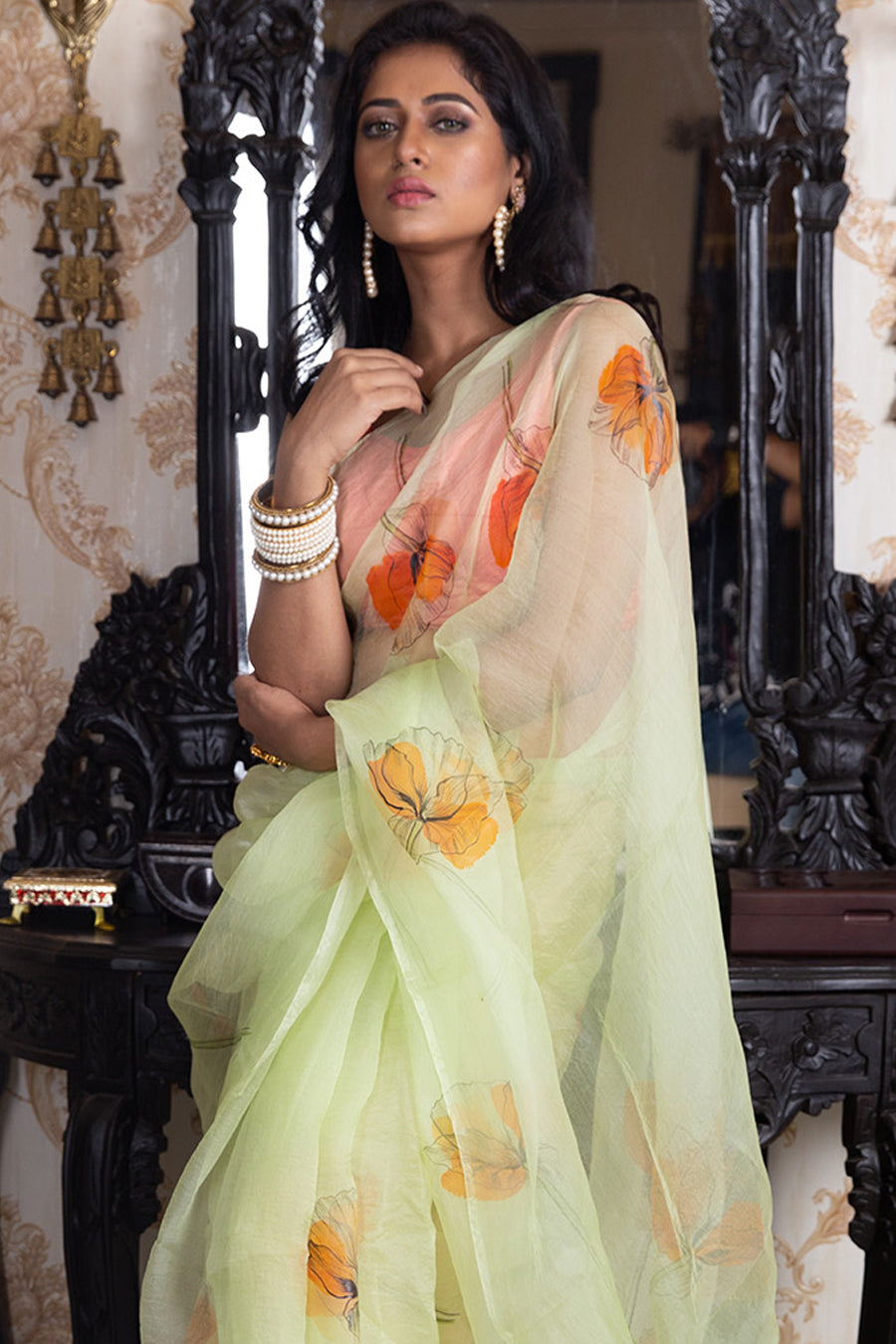 Poppy Floral Vectors On Lime Green-Organza Hand-painted Saree-025