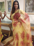 Sunflower Design on Yellow Colour Organza Hand-painted Saree-016