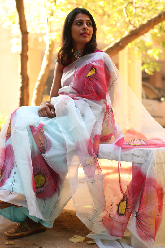 Hot Pink Poppy Burst Floral With Golden Buds-Organza Handpainted Saree-001