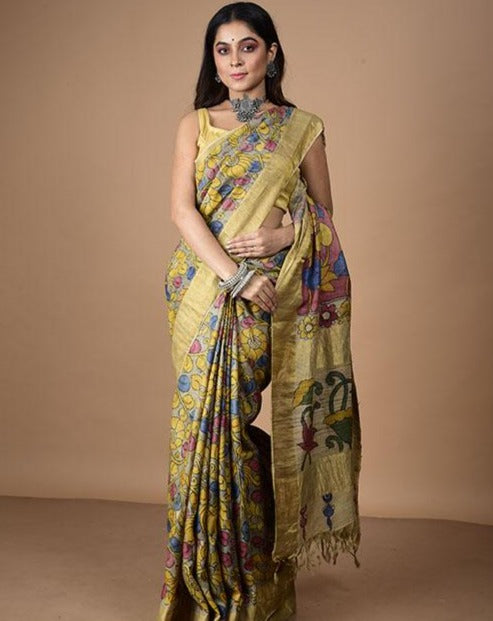 Bumblebee Yellow Floral with Red In Palla On Tussar silk Saree-014