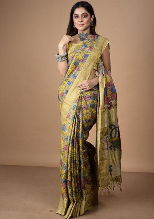 Bumblebee Yellow Floral with Red In Palla On Tussar silk Saree-014