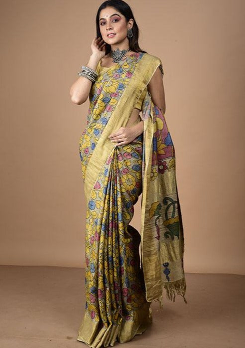 Bumblebee Yellow Floral with Red In Palla On Tussar silk Saree-014