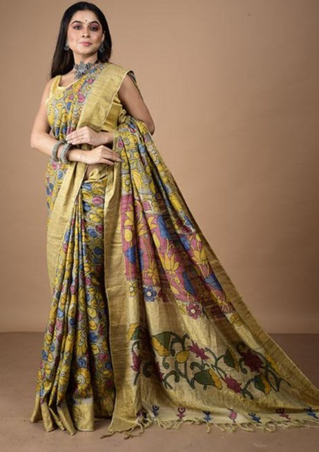 Bumblebee Yellow Floral with Red In Palla On Tussar silk Saree-014