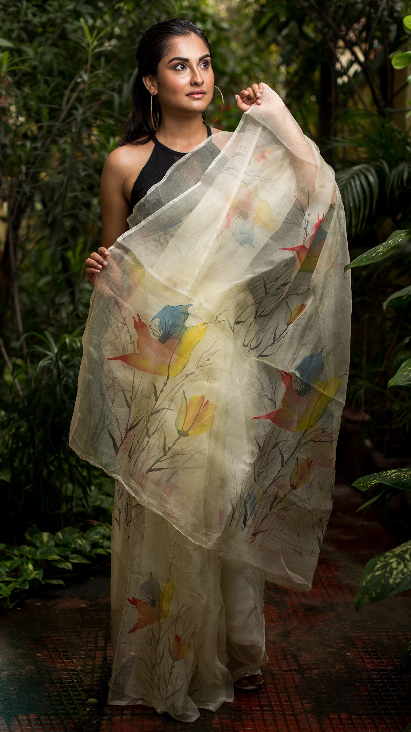 Strelitzia-Birds of Paradise Multicolored-Organza Hand-painted Sari-068