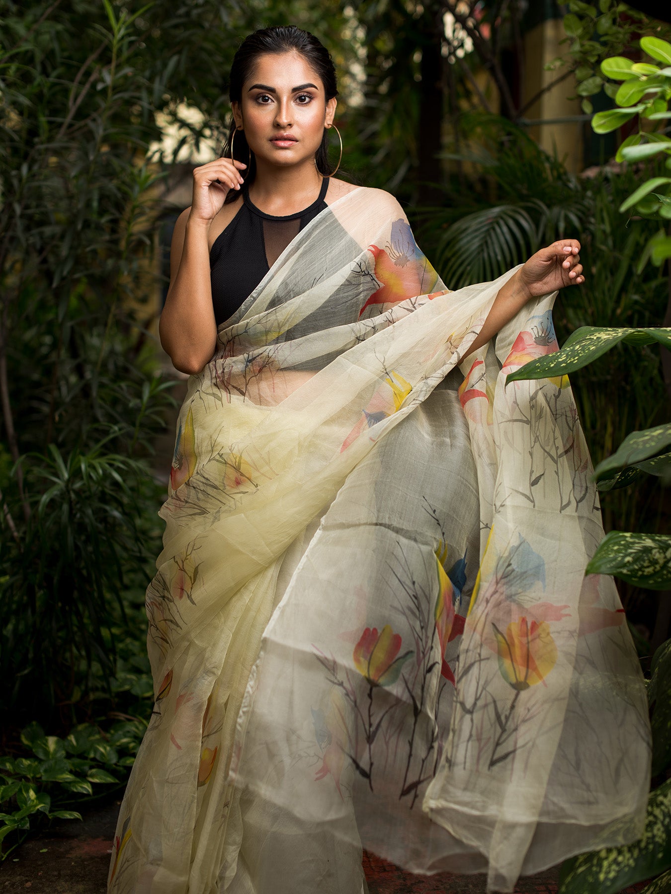 Strelitzia-Birds of Paradise Multicolored-Organza Hand-painted Sari-068