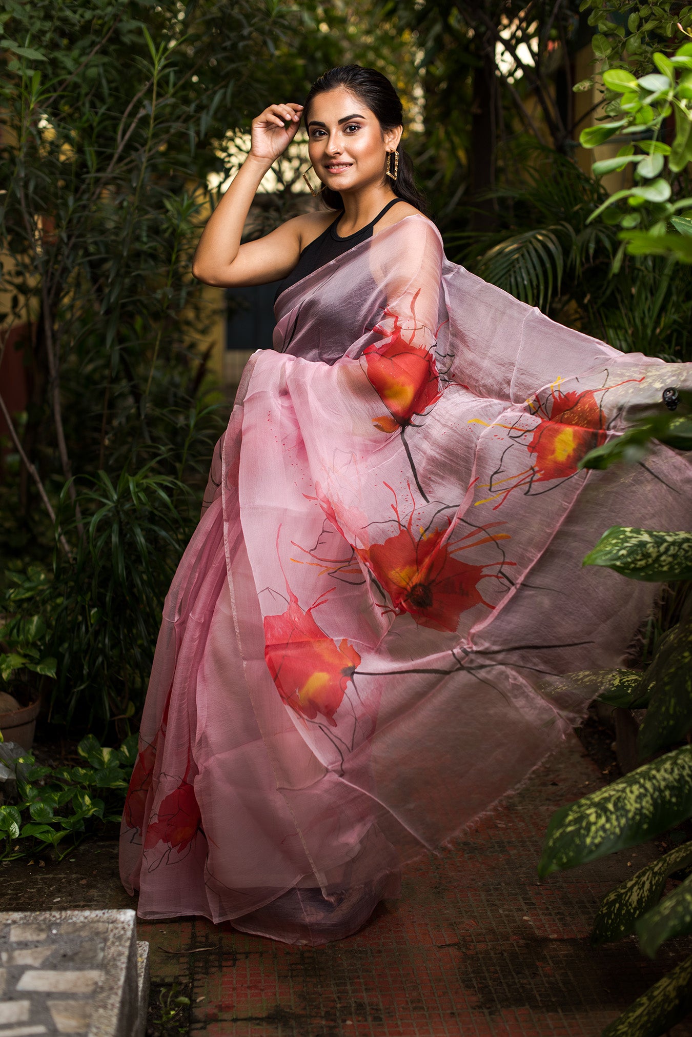 The Deep Red Vector Poppy Florals Organza Hand-painted Sari-061