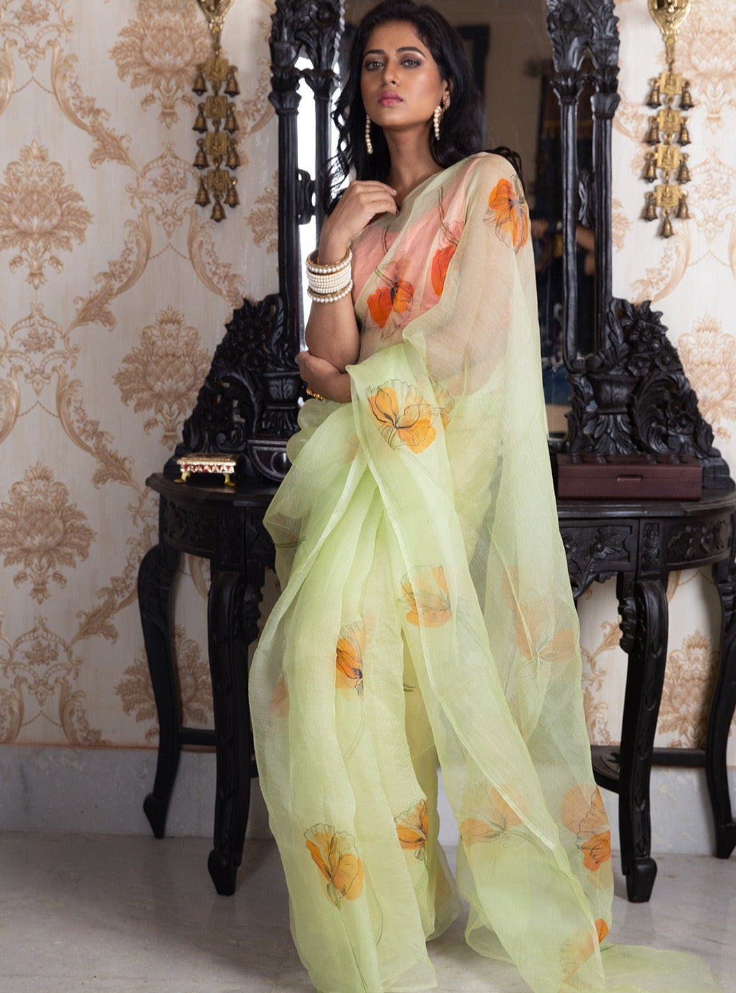 Poppy Floral Vectors On Lime Green-Organza Hand-painted Saree-025