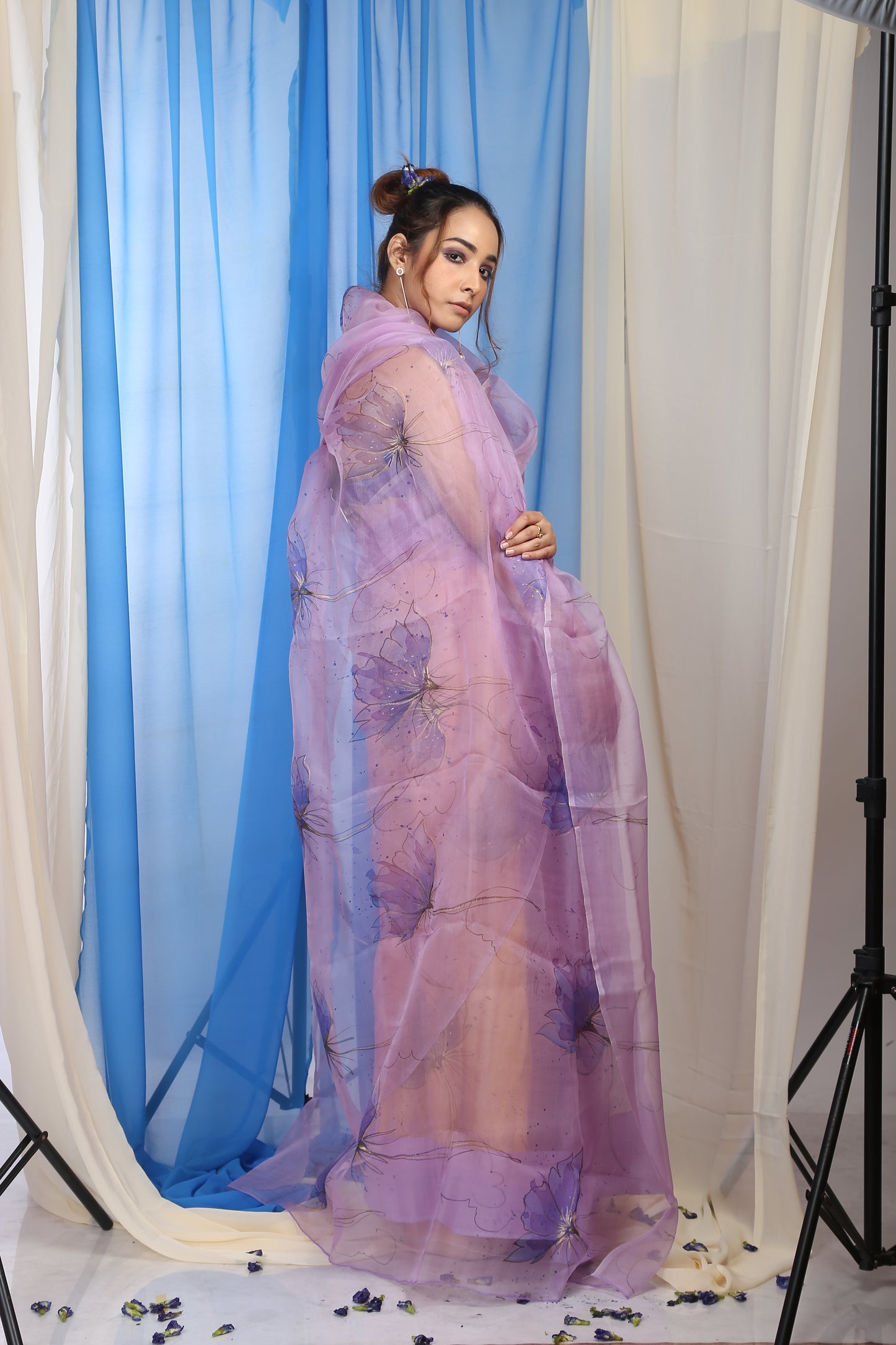 Orchid Vectors on Amethyst Lavender Organza Hand-painted Saree