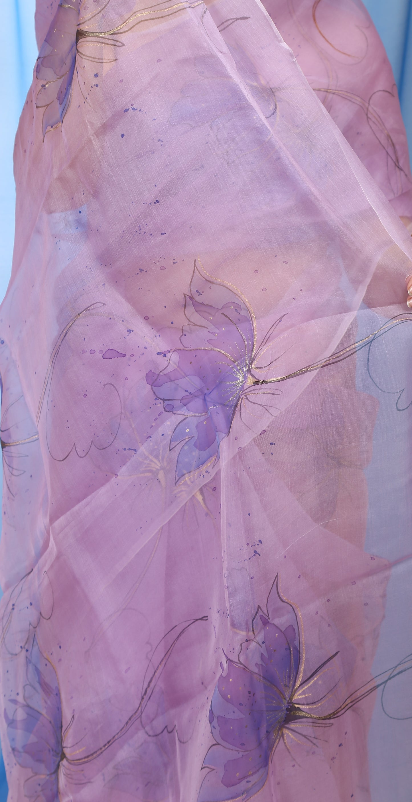 Orchid Vectors on Amethyst Lavender Organza Hand-painted Saree