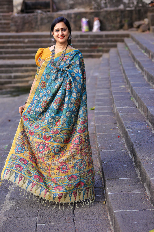 Hand Painted Pen Kalamkari Saree In Blue and Honey Yellow in Tussar Silk