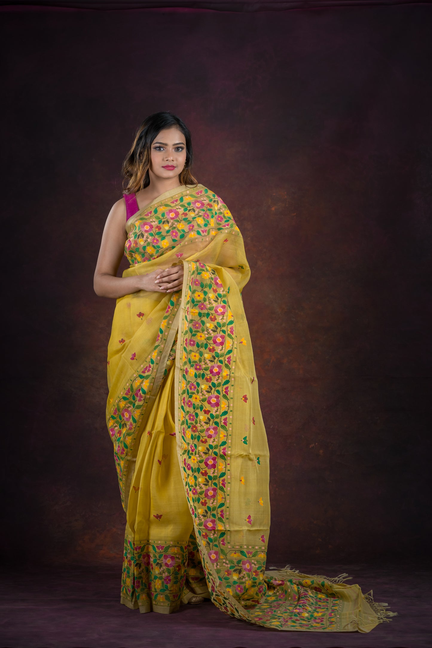 Yellow Multicolor Floral Needle Weave Silk Jamdani Saree-39