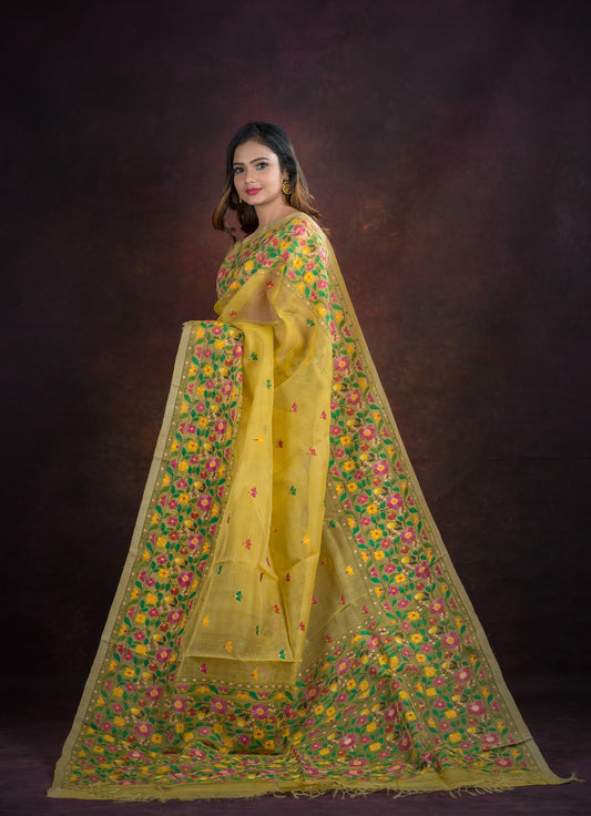 Yellow Multicolor Floral Needle Weave Silk Jamdani Saree-39