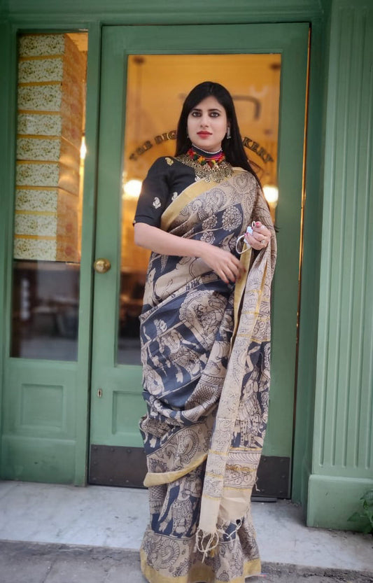 Exclusive Hand Painted Pen Kalamkari Saree -Sita Ram Swayanvar and Kalyanam