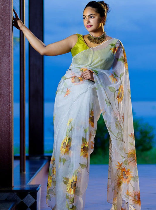 Ivory White With Sunflower Floral- Organza Hand-painted Saree-013