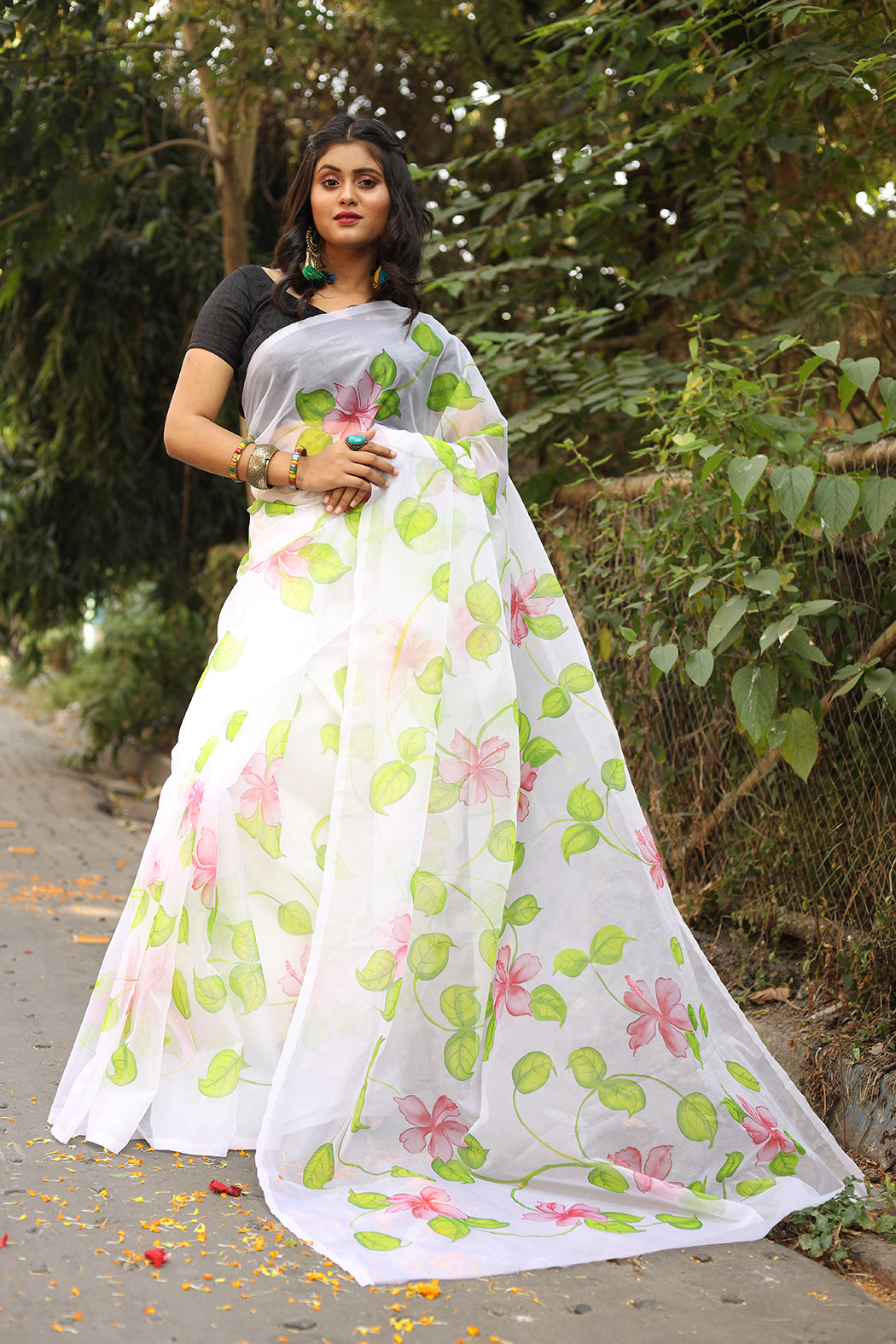 Green and Pink Flowers on Organza Hand-painted Sari-075