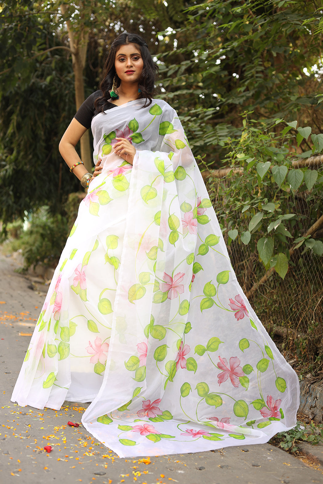 Green and Pink Flowers on Organza Hand-painted Sari-075