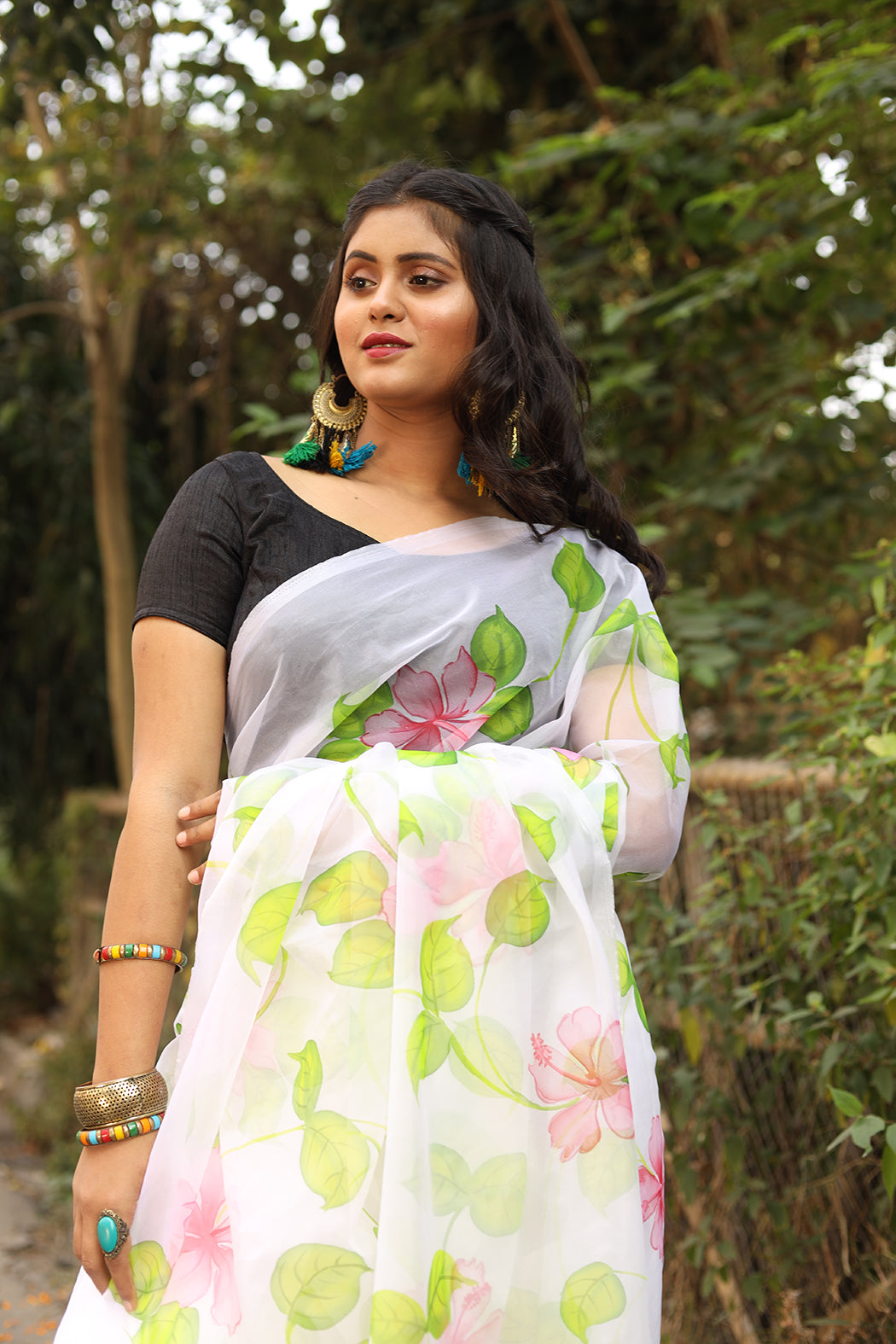 Green and Pink Flowers on Organza Hand-painted Sari-075