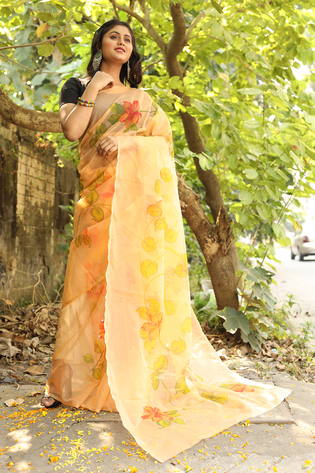 Eclusive Florals on Organza Hand-painted Sari-030