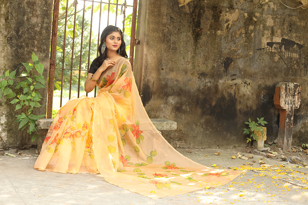 Eclusive Florals on Organza Hand-painted Sari-030