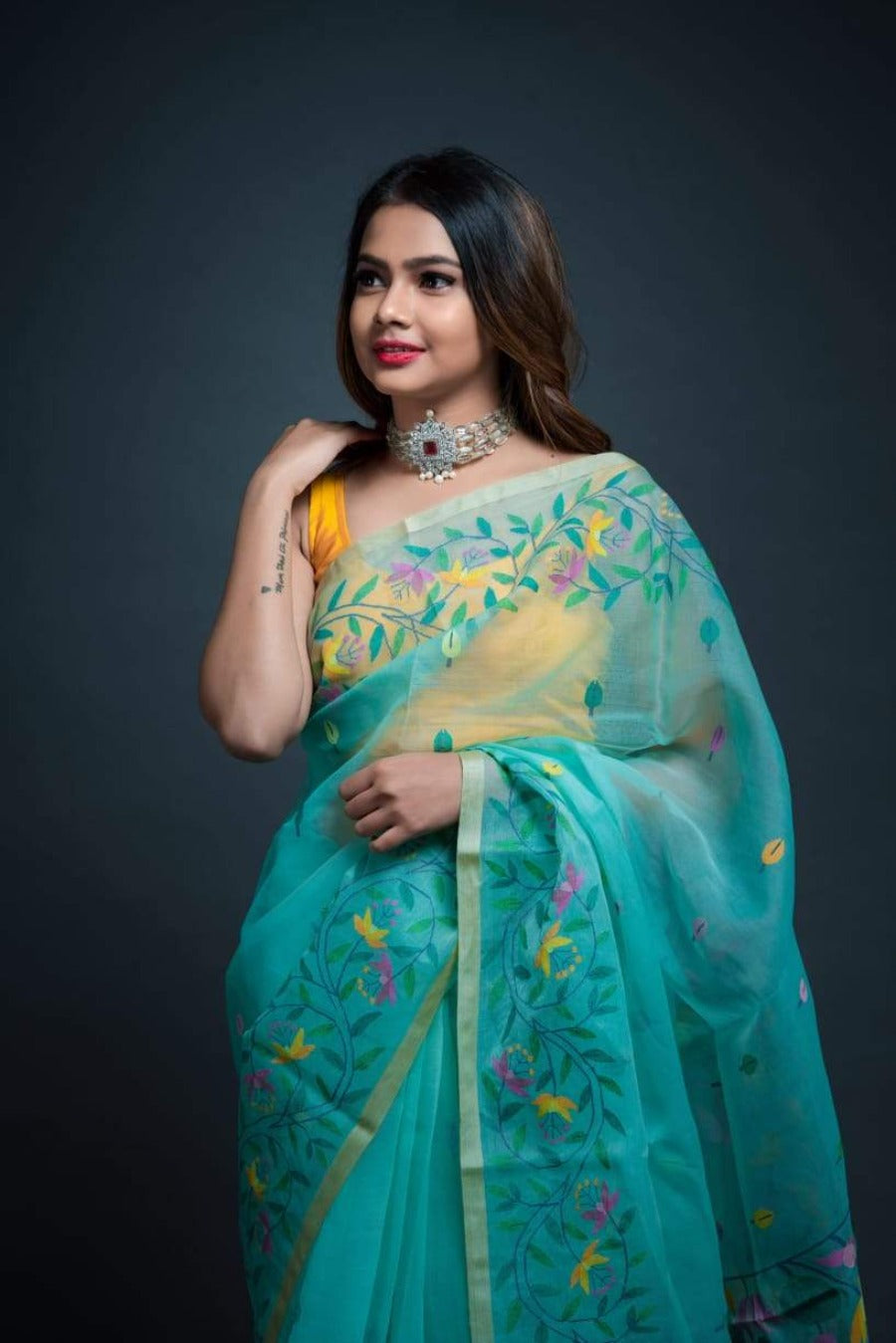 Cyan Floral Garden Silk Jamdani Saree-034