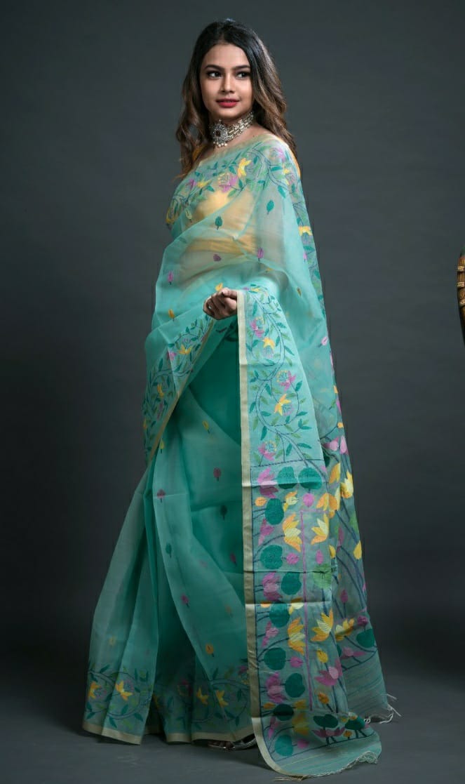 Cyan Floral Garden Silk Jamdani Saree-034