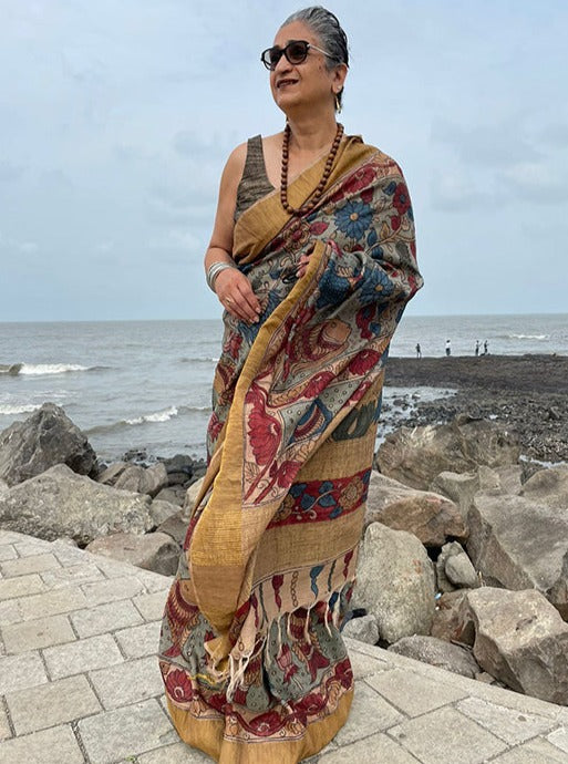 Tussar Designer Pen Kalamkari Saree with Fish Motifs-016