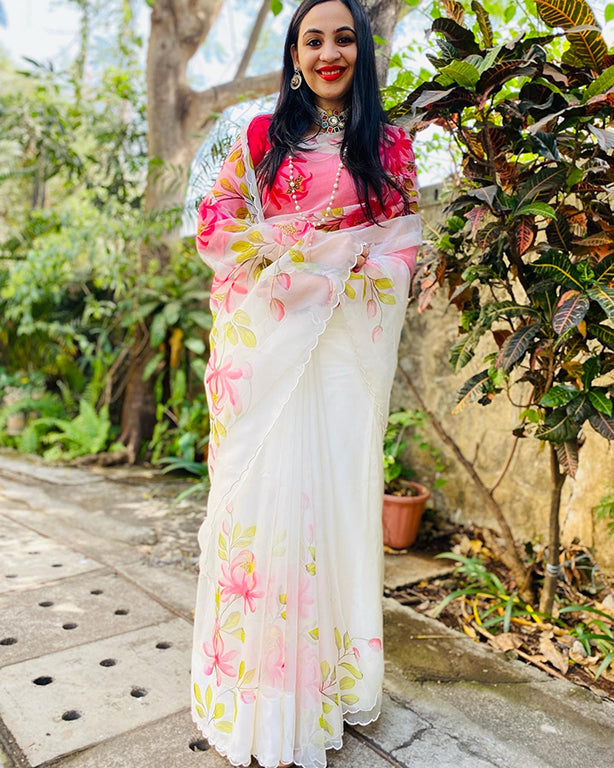 Pink Floral Garden Handpainted Organza Saree on Ivory White-007