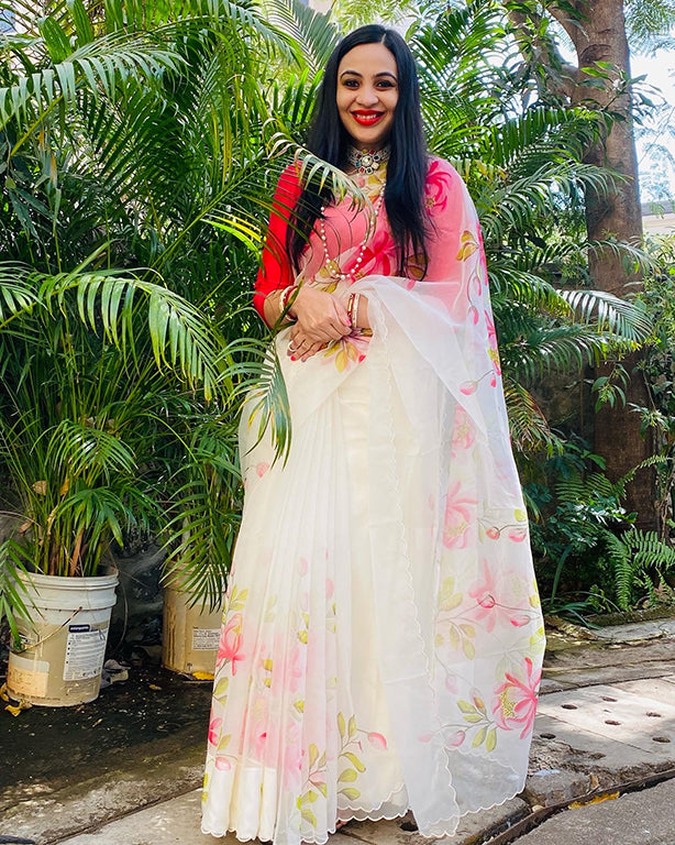 Pink Floral Garden Handpainted Organza Saree on Ivory White-007