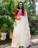 Pink Floral Garden Handpainted Organza Saree on Ivory White-007