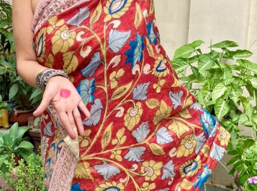 Floral Pen Kalamkari Saree Bangalore Silk with Hand Embroidery Borders-018